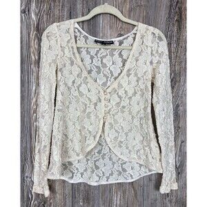 Vtg Betsey Johnson Beige Sheer Lace Cardigan Blouse  MED CottageCore FairyCore